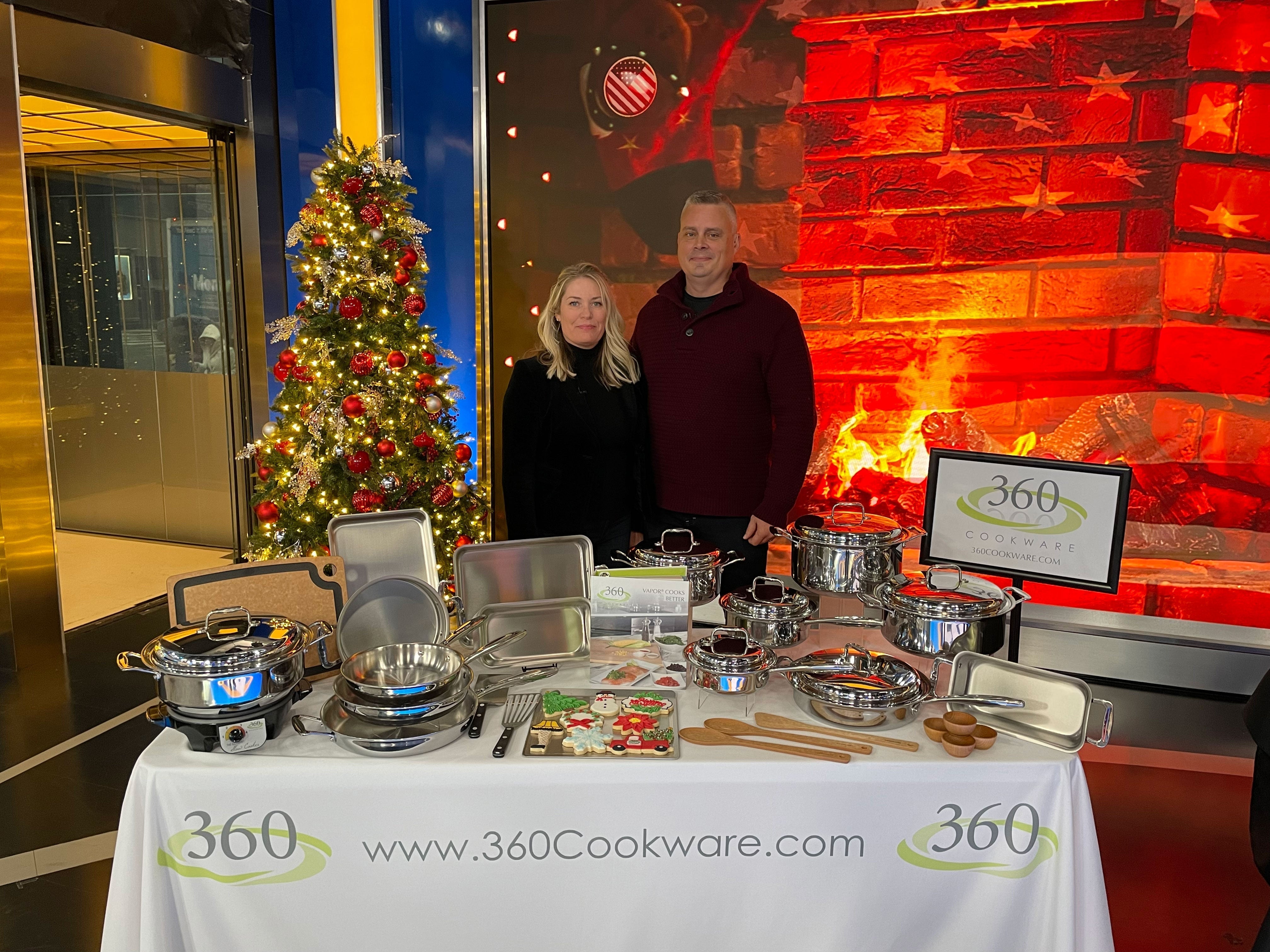 A display of 360cookwares products with a Christmas tree in the background at Fox and Friends studio.