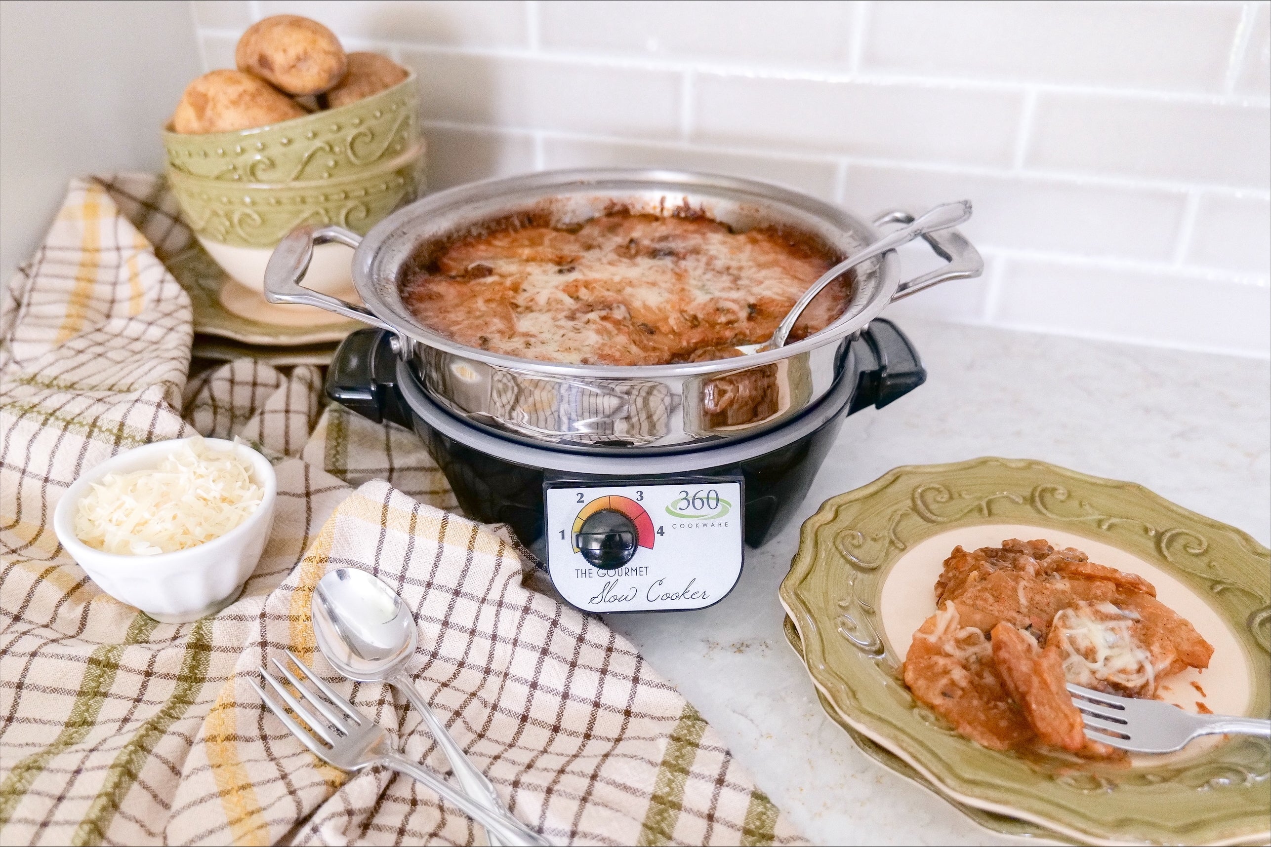 Slow-cooker scalloped potatoes in a stainless pot on a base labeled 360cookwares THE GOURMET Slow Cooker 1 2 3 4