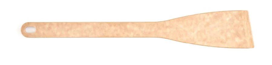 Wooden spatula with flat tapered blade and handle hole for hanging