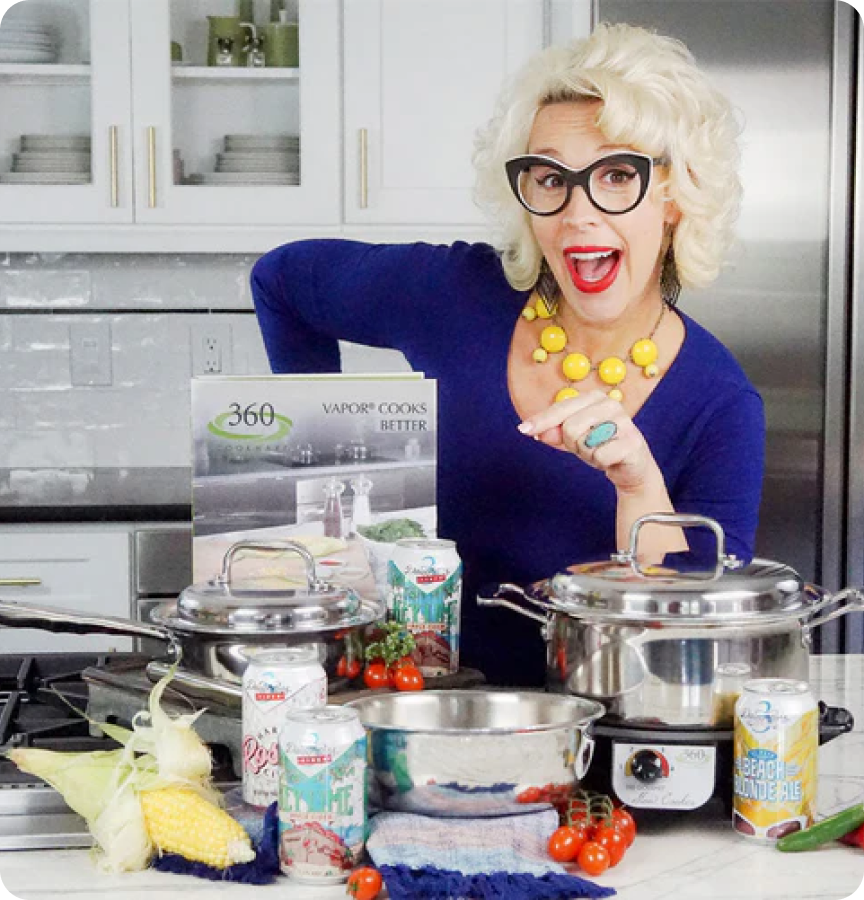 Chef Emily Ellyn promoting 360cookwares with pots and ingredients in a kitchen setting