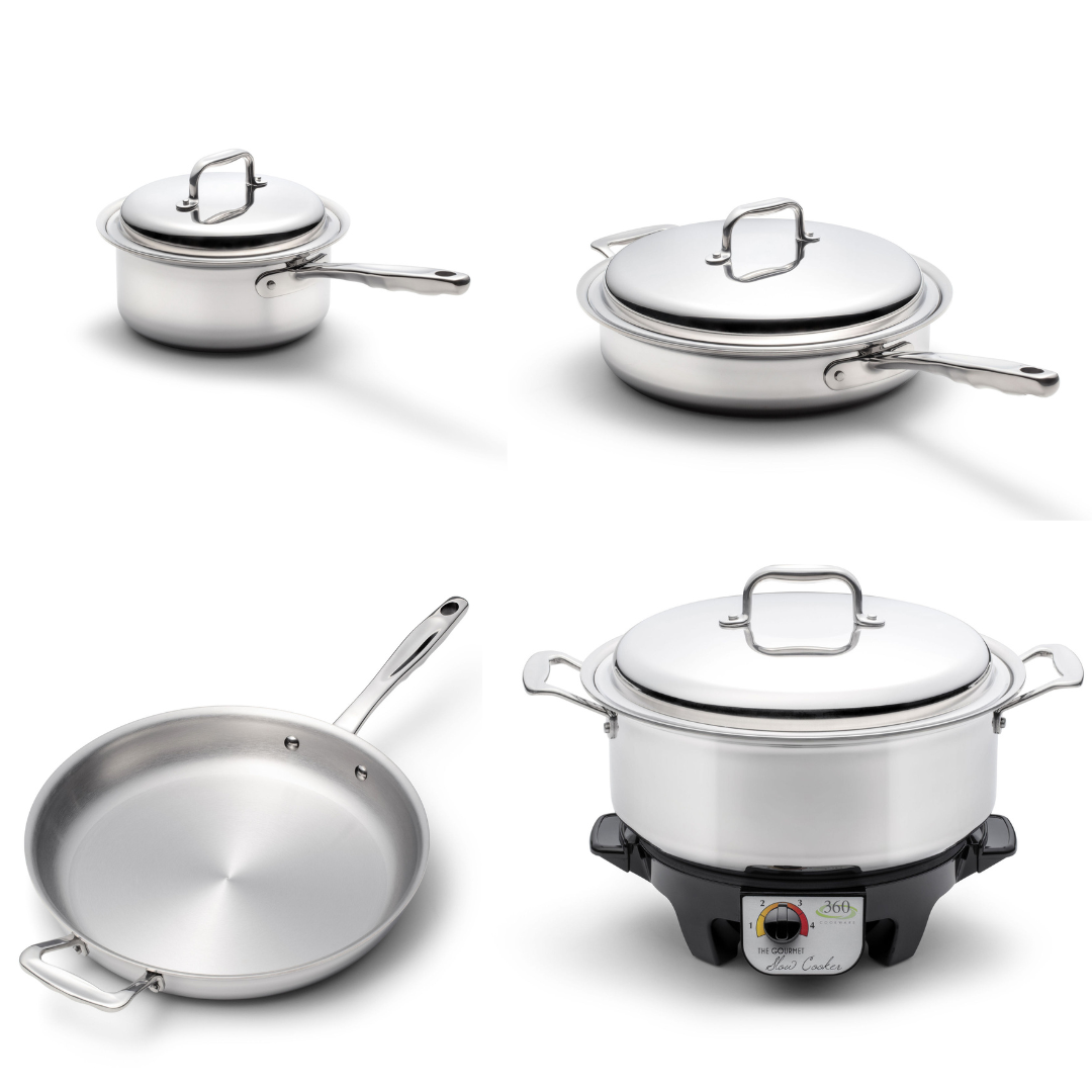 A set of 360cookwares's stainless steel cookware including a rice cooker, a pot with a lid, a sauté pan, and a deep fryer, all on a white background.
