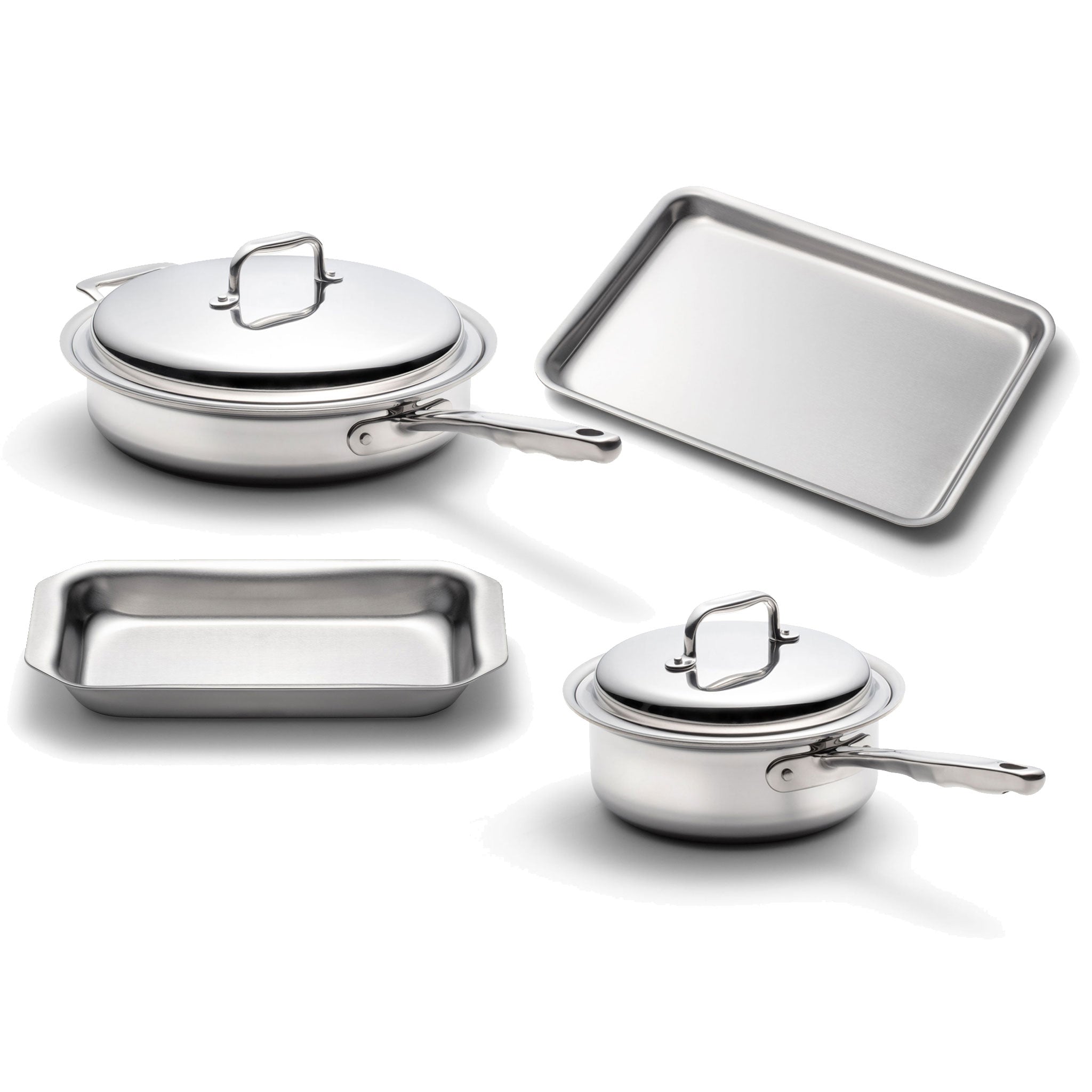 Stainless-steel cookware set: covered sauté pan, covered saucepan, rectangular roasting pan and rimmed baking sheet