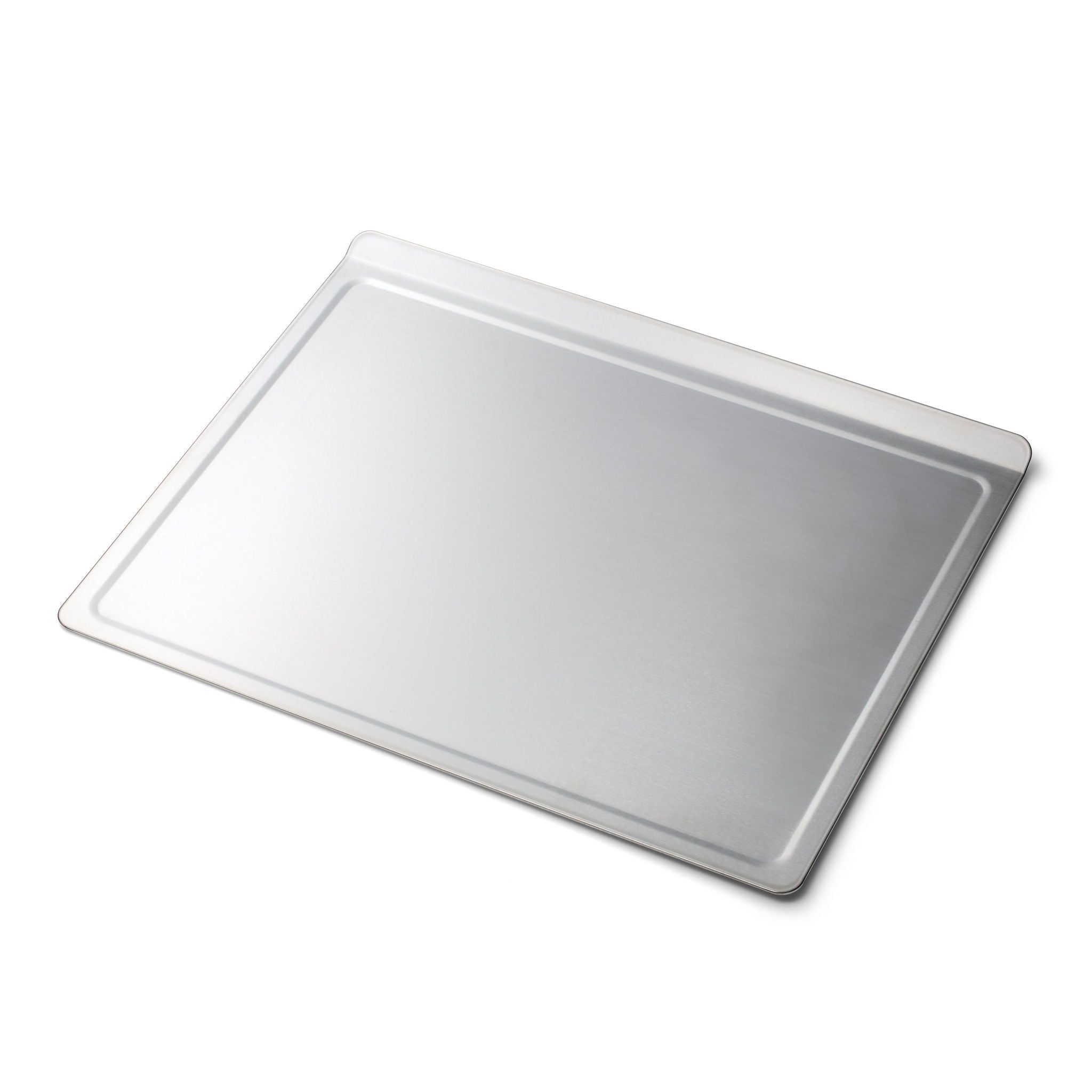 Large rectangular aluminum baking sheet with rolled edges, angled view.
