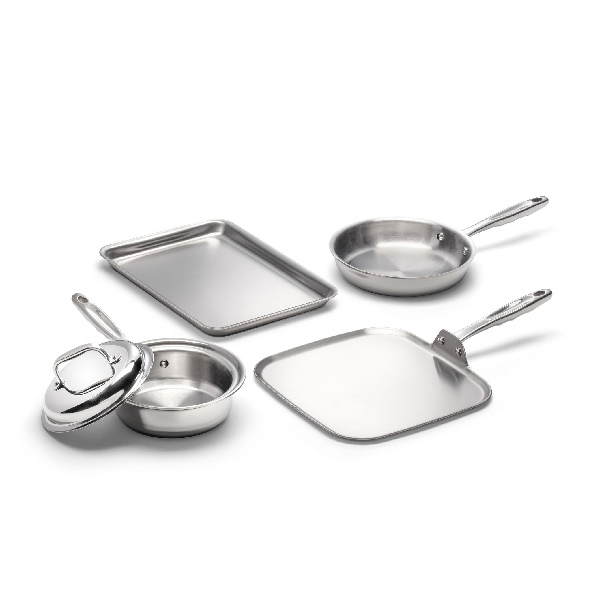 360cookwares 5-Piece Breakfast Cookware Set including a frying pan, square griddle, round saucepan, and baking sheet
