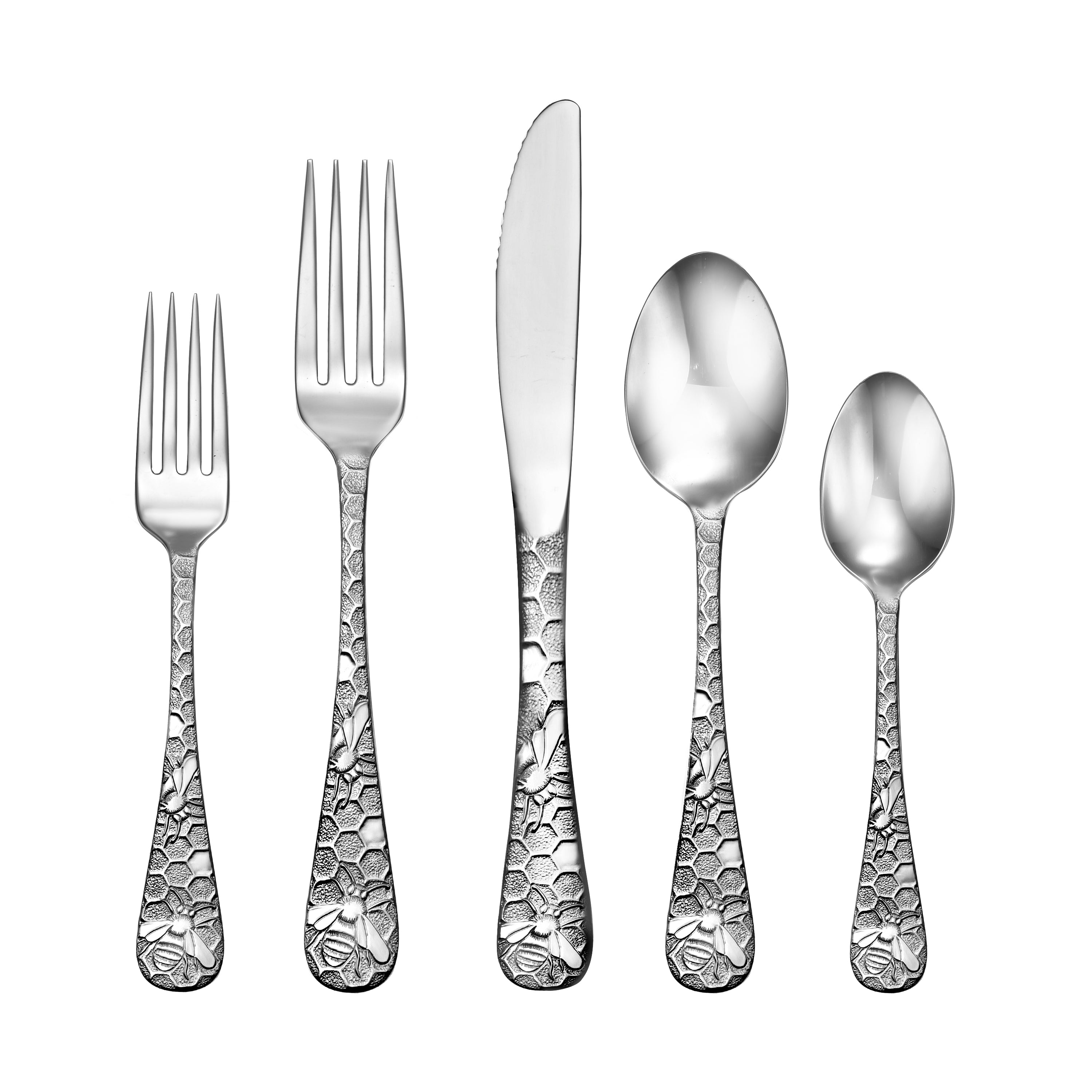 Honey Bee 65 Piece Flatware Set featuring nature-inspired design with bees and honeycomb patterns