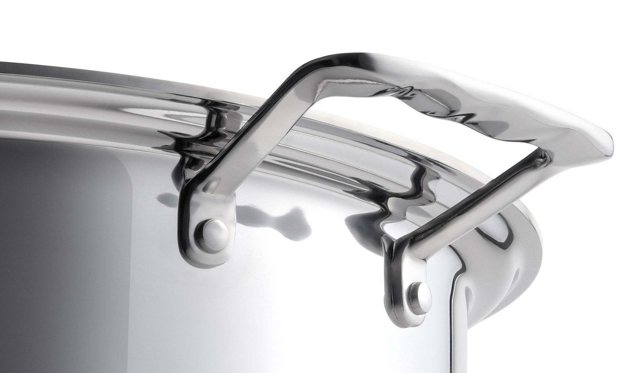 Close-up of the handle of a 6-quart stainless steel stock pot