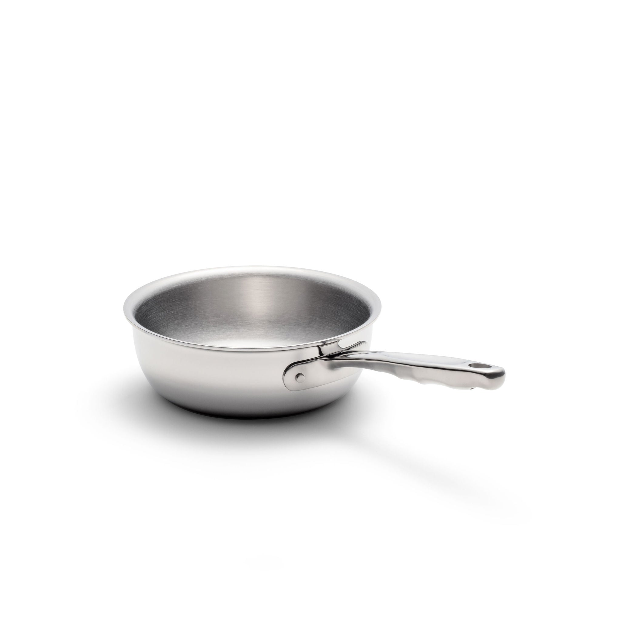 Stainless-steel saucepan with short handle on white background
