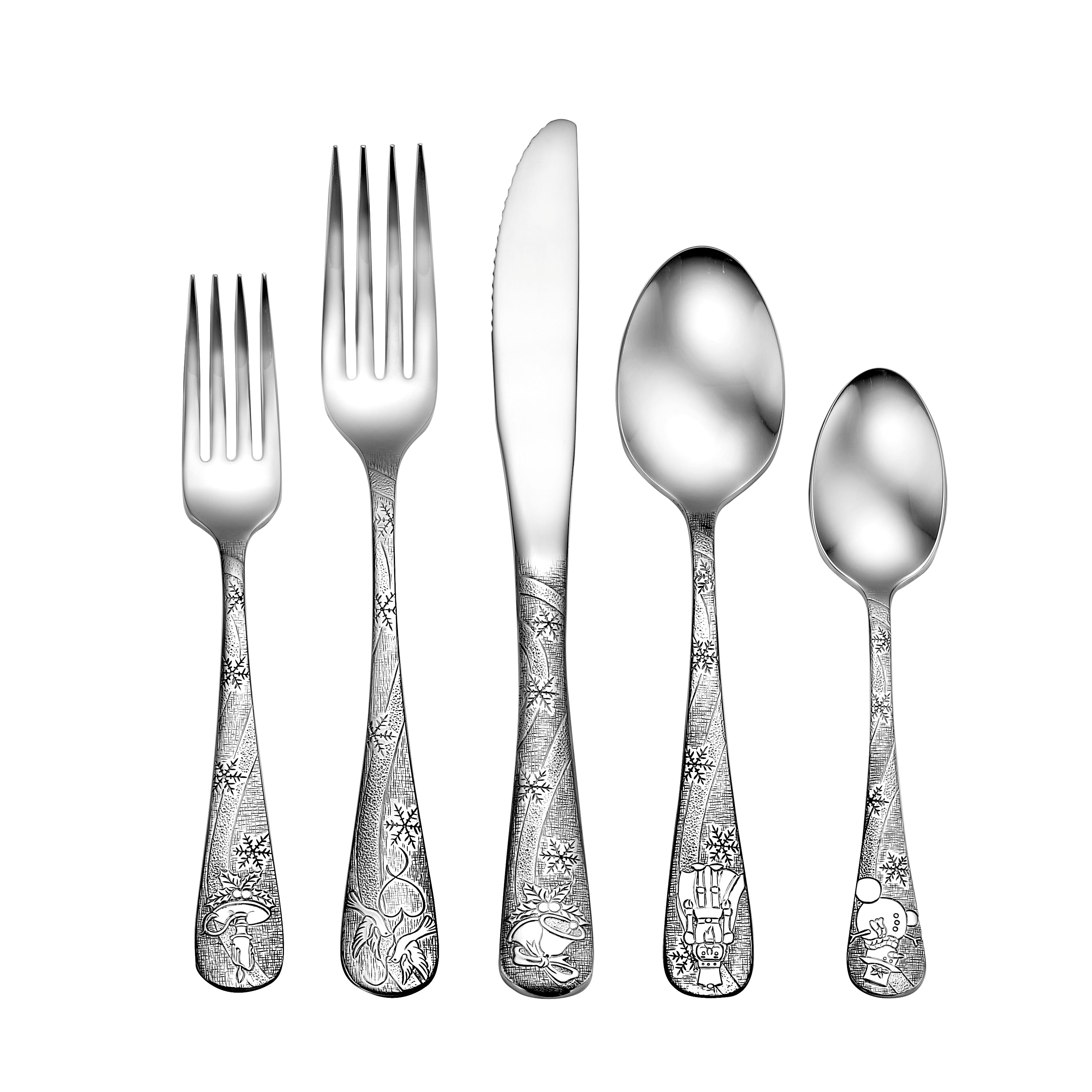 Five pieces of holiday-themed flatware including a fork, knife, spoon, and dessert spoon with decorative handles.