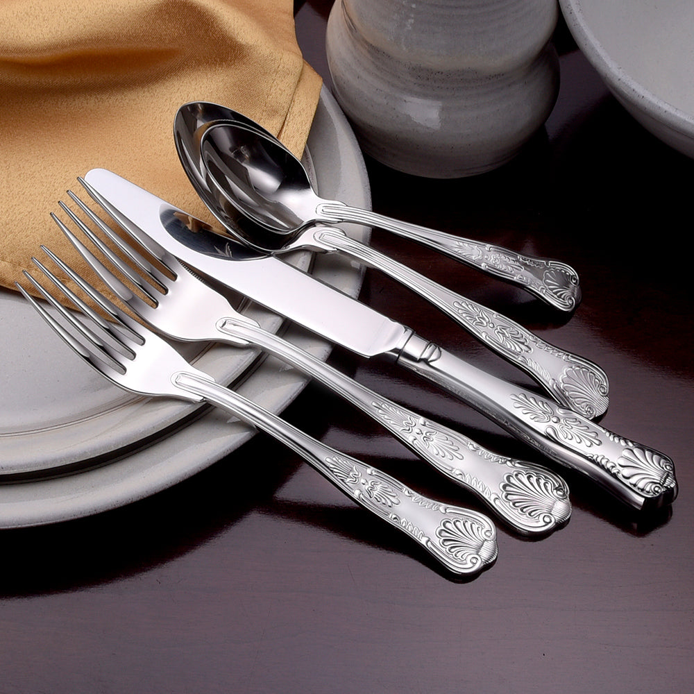 Sheffield 45 Piece Set flatware displayed on a table with a fork, knife, and spoon.