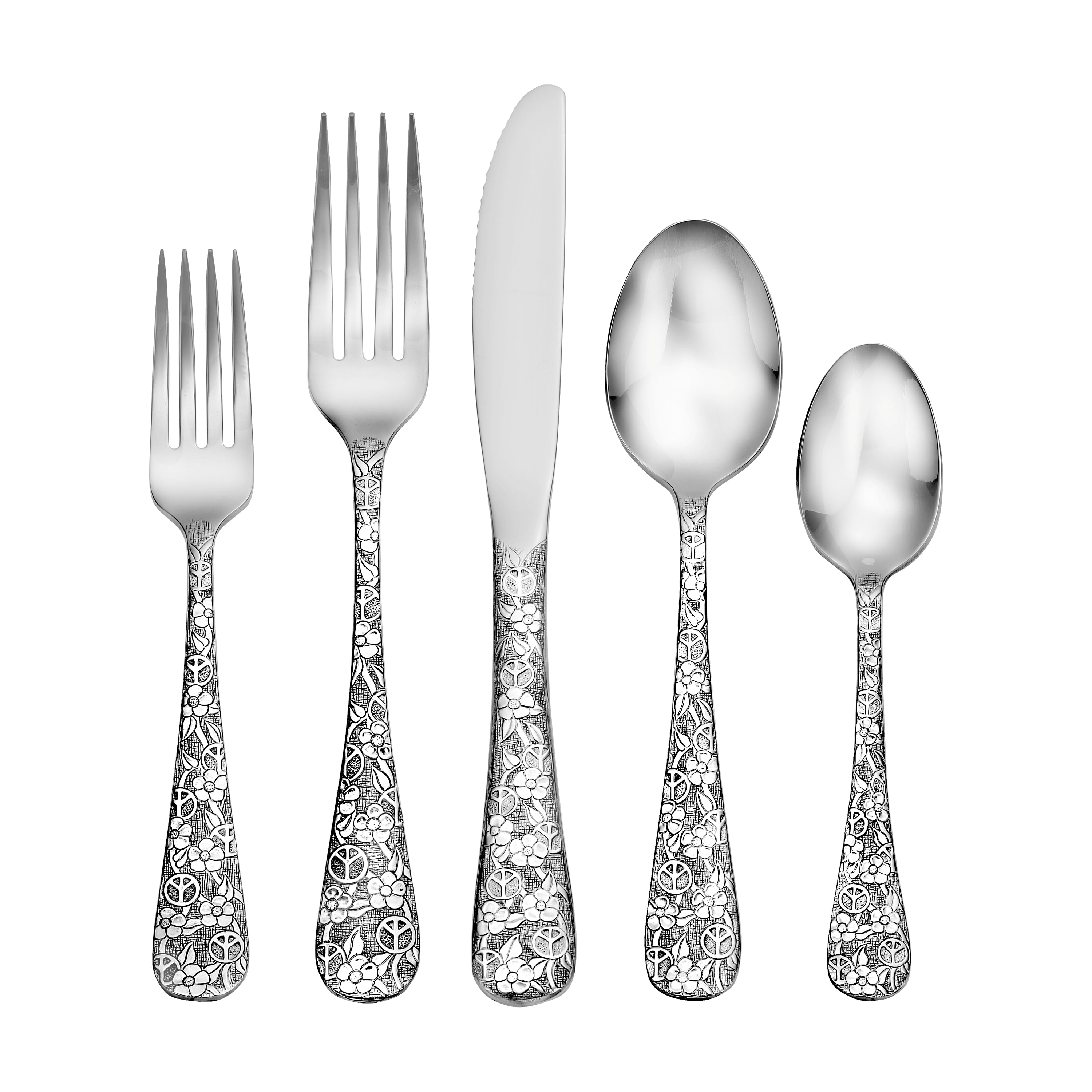 Woodstock 65 Piece Flatware Set featuring peace and flower designs