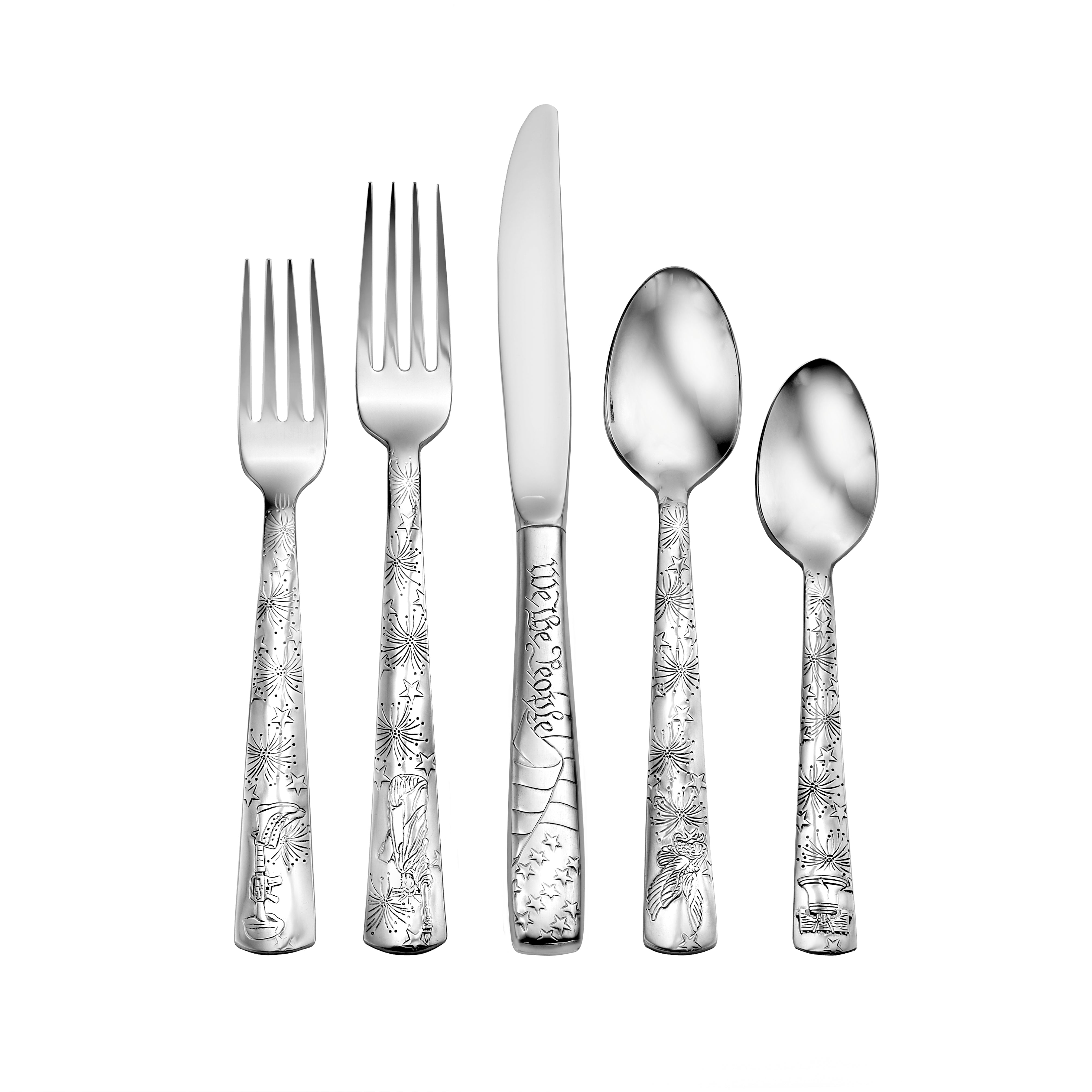Five pieces of Liberty flatware including forks, knife, and spoon with intricate patriotic designs.